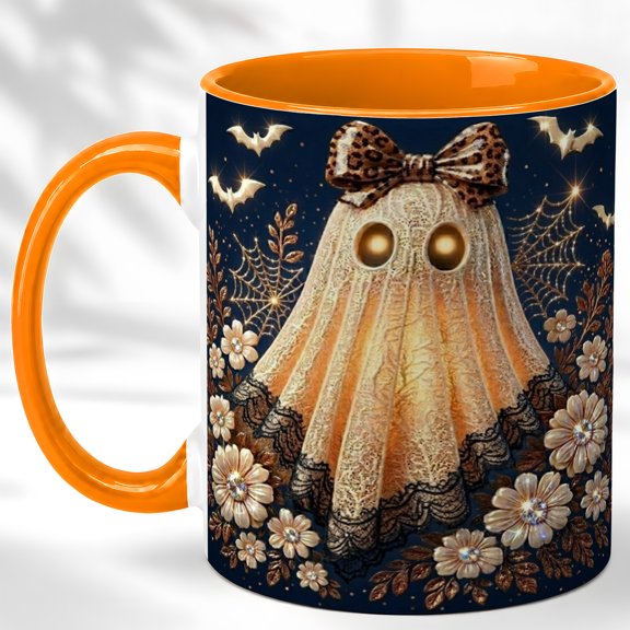 Leopard Bow Ghost Coffee Mug, Gothic Bat Mug, Ceramic 11 oz