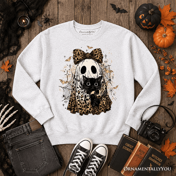 Leopard Bow Ghost with Black Cat Sweatshirt, Spooky Halloween Spider Web Sweater