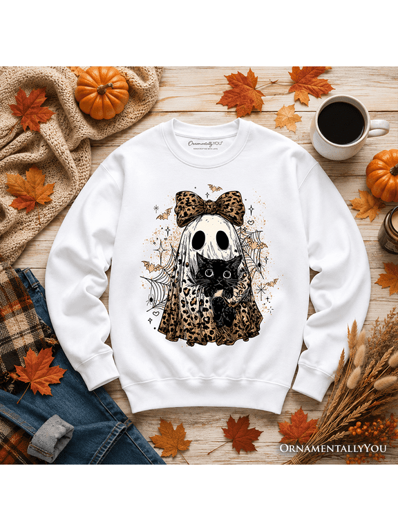 Leopard Bow Ghost with Black Cat Sweatshirt, Spooky Halloween Spider Web Sweater