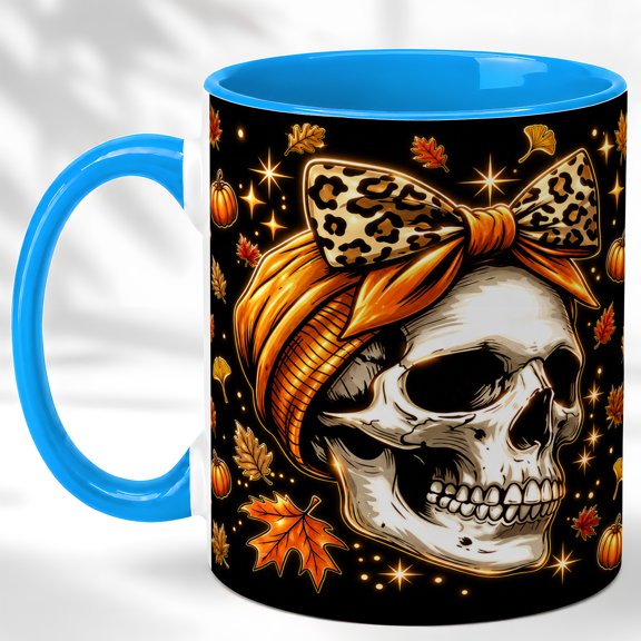 Leopard Bow Skull Coffee Mug, Gothic Autumn Mug, Ceramic 11 oz