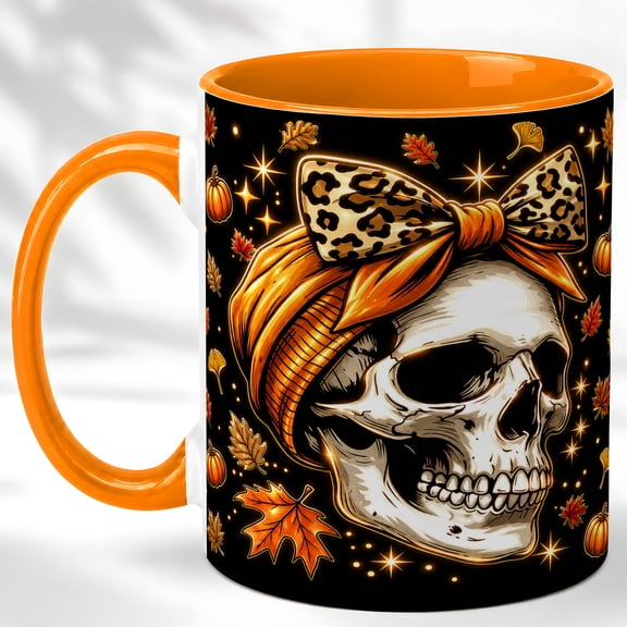 Leopard Bow Skull Coffee Mug, Gothic Autumn Mug, Ceramic 11 oz