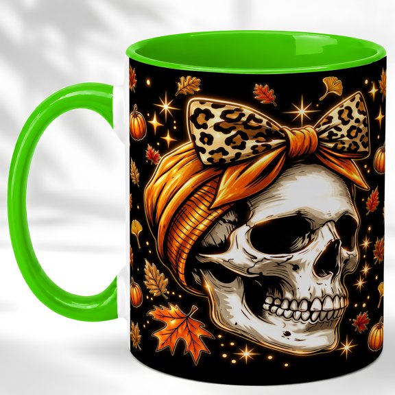 Leopard Bow Skull Coffee Mug, Gothic Autumn Mug, Ceramic 11 oz