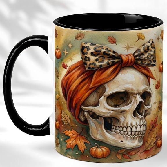 Leopard Bow Skull Coffee Mug, Spooky Autumn Mug, Ceramic 11 oz