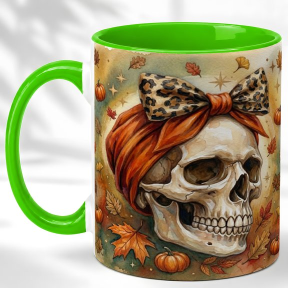 Leopard Bow Skull Coffee Mug, Spooky Autumn Mug, Ceramic 11 oz