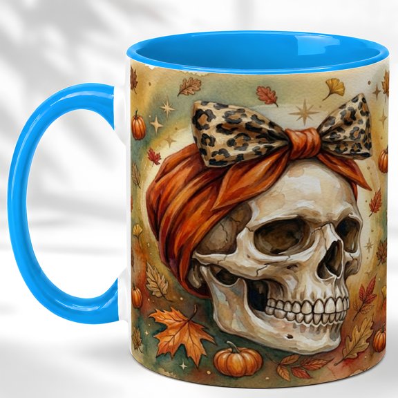 Leopard Bow Skull Coffee Mug, Spooky Autumn Mug, Ceramic 11 oz