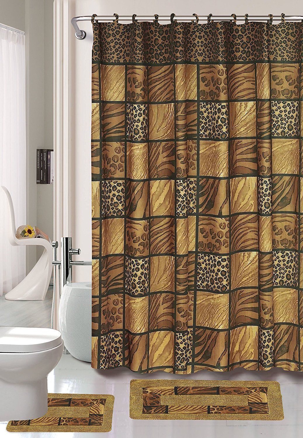 Leopard Brown Animal 15-Piece Bathroom Accessory Set 2 Bath Mats Shower Curtain & Rings - image 1 of 1