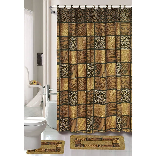 Leopard Brown Animal 15-Piece Bathroom Accessory Set 2 Bath Mats Shower Curtain & Rings