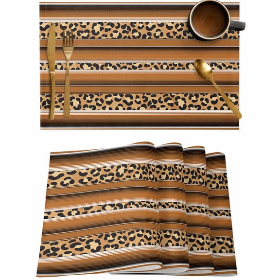 Leopard Brown Mexican Stripes Placemats Set of 4,Wipeable Washable Table Mats for Dining Tables,Animal Skin Abstract Geometric Place Mats for Kitchen Event Party Tabletop Decor