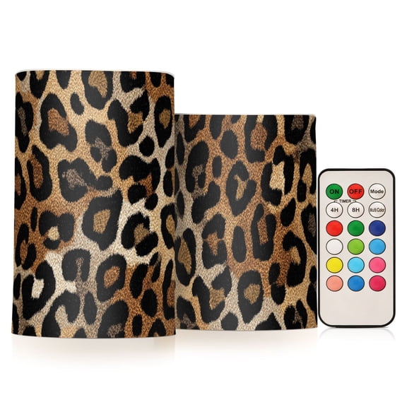 Leopard Brown and Black Flickering Flameless Candles Battery Operated with Remote Timer LED Pillar Candles Set of 2