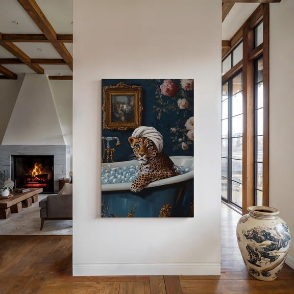 Leopard Bubble Bath Wall Art Print, Luxury Animal Bathroom Decor Unframed Paper Print