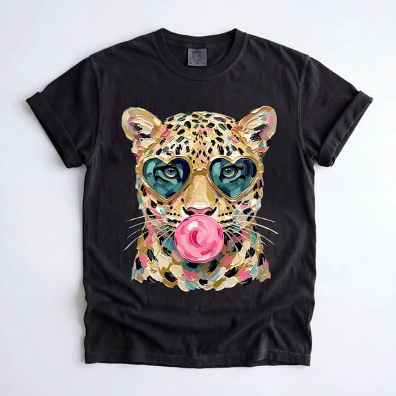 Leopard Bubblegum Sunglasses T-Shirt, Retro Animal Print Wildcat Graphic Tee