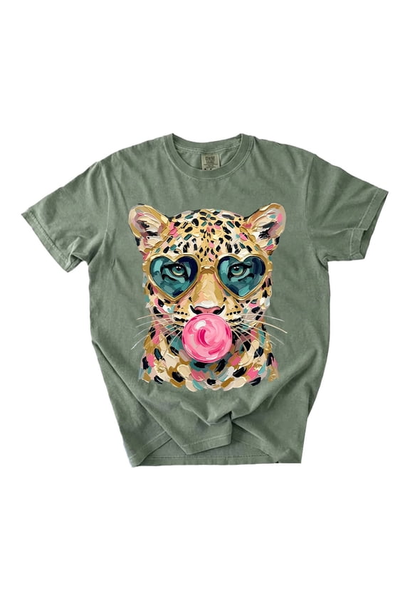 Leopard Bubblegum Sunglasses T-Shirt, Retro Animal Print Wildcat Graphic Tee