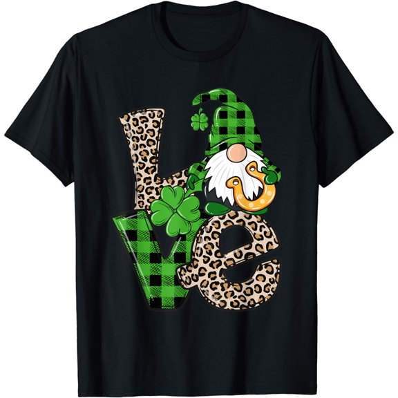Leopard Buffalo Plaid Gnomies St Patricks Day Gnome Shamrock T-Shirt
