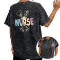 thumbnail image 1 of Leopard Bunny Ear Nurse Easter Wash Print Tshirt S-2XL Washed Black Graphic Tees Casual Shirts for Hospital Easter Tops, 1 of 4