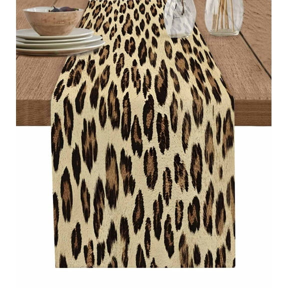 Leopard Burlap Cotton Table Runner 13x36 Inches Short, Brown Black Beige Modern Abstract Impressionist Farmhouse Table Runners, Outdoor Dining Tablecloths Decor for Baby Shower/Party/Wedding