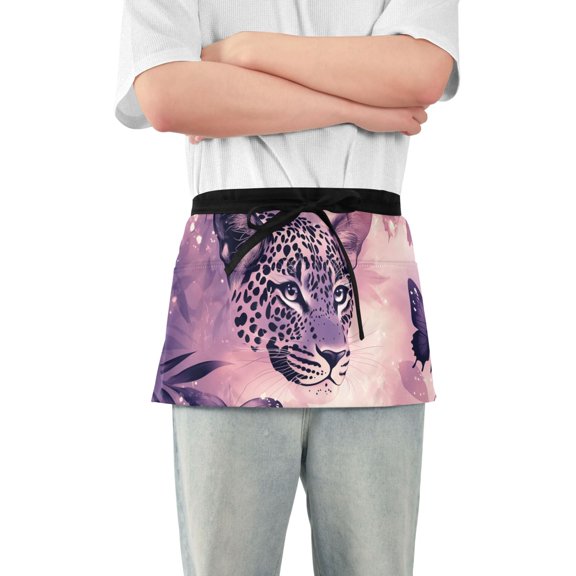 Leopard Butterflies Shining Jungle Short Server Apron with 3 Pockets for Unisex Chef Gardening
