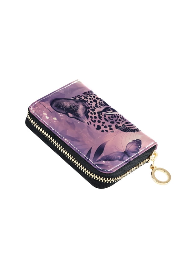 Leopard Butterflies Shining Jungle Women's Credit Card Holder PU Leather Zipper Wallet RFID Blocking