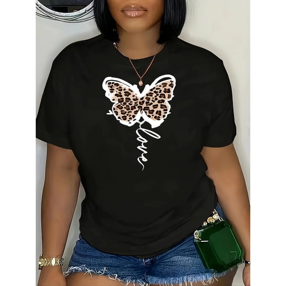 Creative Graphic Tee,Tops Has Leopard Print Butterfly & "Love" Pattern,Round Neck Regular Fit T-shirts, Size(S-5XL)