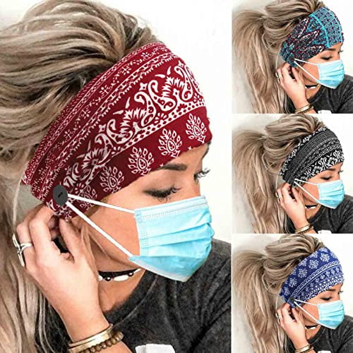 Leopard Button Headband Wide Elastic Nurse Head Bands Workout Yoga Sports Hair Band Non Slip Turban Headwrap Mask Ear Saver Sweatband Boho Hair Accessories for Women and Girls 4Pcs (#4 Boho)