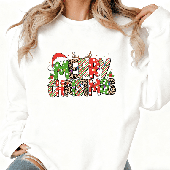 Leopard Candy Merry Christmas Print Sweatshirt White Graphic Sweatshirt S-5XL Holiday Tops
