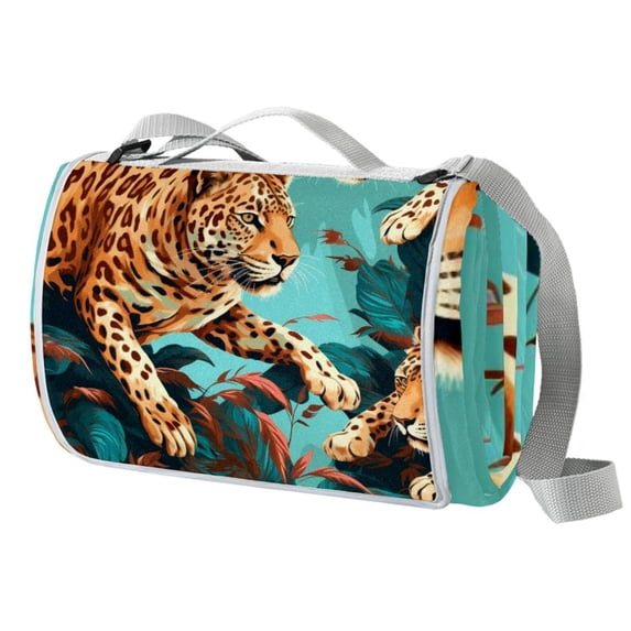 Leopard Canvas Beach Blanket Picnic Mat, Large Size Foldable Beach Mat with Carry Bag, Stylish Design for Beach Trip Essentials, Soft and Durable Fabric Blanket