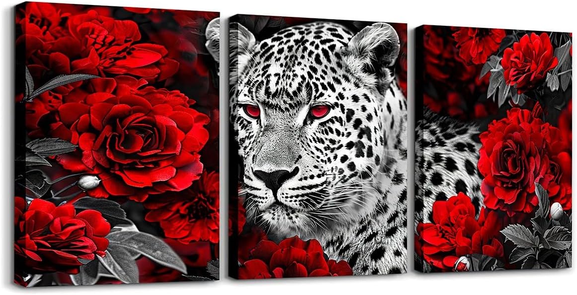 Leopard Canvas Wall Art Red Rose Flowers Paintings Wall Decor for ...