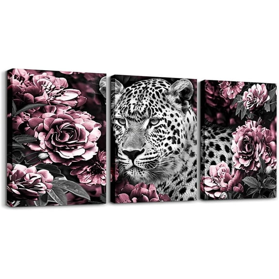 Leopard Canvas Wall Art Red Rose Flowers Paintings Wall Decor for Bedroom Cheetah Print Canvas Art Prints,African Western Wild Animals Pictures Bathroom Unframed