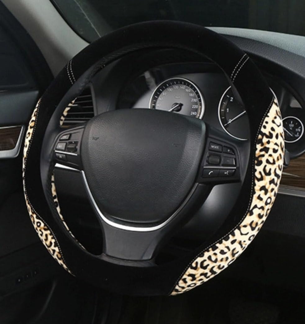 Leopard Car Steering Wheel Cover for Men Women Automotive Interior Accessories Universal 15 Inches Fit for Most Vehicles, Beige