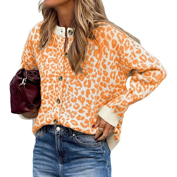 Leopard Cardigan Open Front Button Up Sweaters for Women Long Sleeve Cropped Cardigan Jackets Orange M