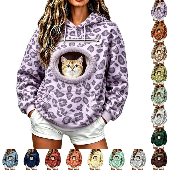 Leopard Cat Hoodie with Pouch for Women Cheetah Print Pet Pouch Hoodie Kangaroo Pocket Dogs Snack Sweatshirt Cat Dog Carrier Pullover Puppy Kitten Holder