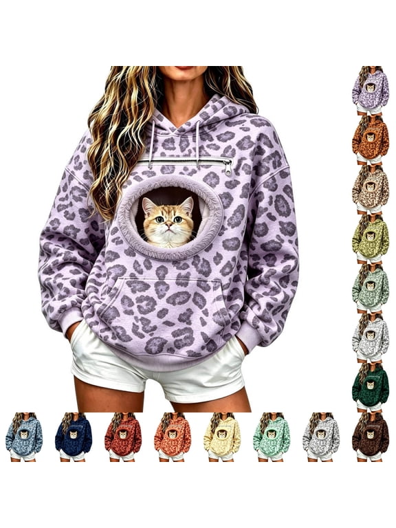 Leopard Cat Hoodie with Pouch for Women Cheetah Print Pet Pouch Hoodie Kangaroo Pocket Dogs Snack Sweatshirt Cat Dog Carrier Pullover Puppy Kitten Holder