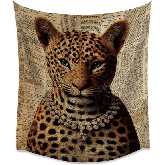 Leopard Cat Portrait Wall Tapestry with Newspaper Background and Diamond Necklace, Retro Glam Wall Hanging for Bedroom or Office, 40 x 60 Inch