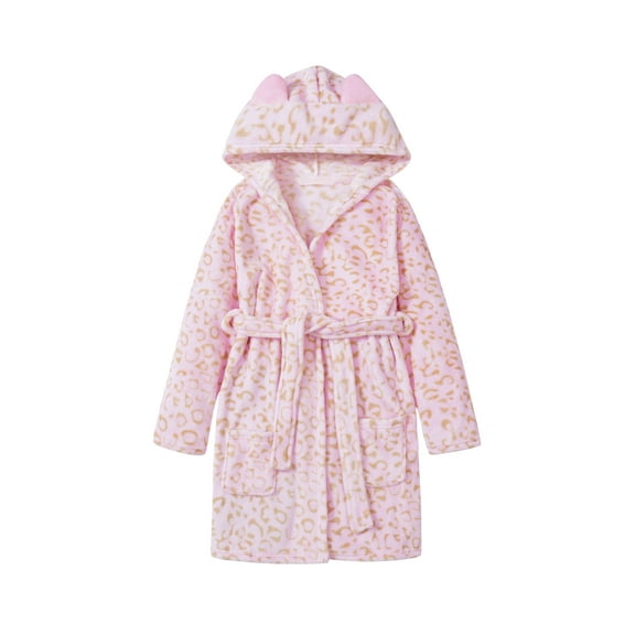 Leopard Cat Robe for Girls Fleece Toddler Kids Teen Spa Hooded Bathrobe Size 14