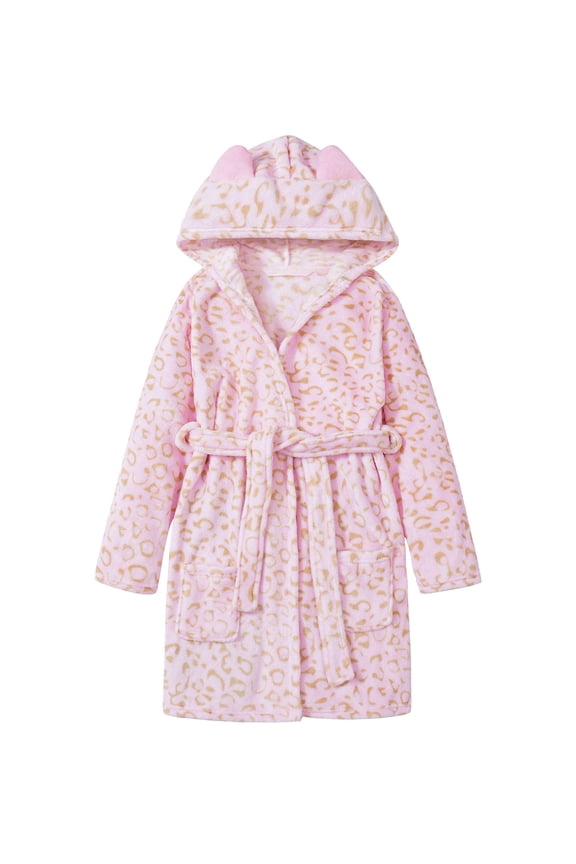 Leopard Cat Robe for Girls Fleece Toddler Kids Teen Spa Hooded Bathrobe Size 18
