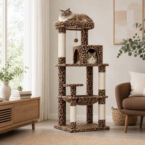 Leopard Cat Tree, 56.3" Cat Tower for Indoor Large Cats | Multi-Level Cat Activity Center with condo, hammock, perch & sisal posts for 2-3 indoor cats under 15 lbs