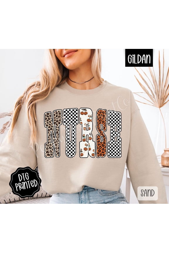 Leopard Checkered Nurse Sweatshirt, Trendy Women's Crewneck, Spooky Season RN Sweater, Nurse Pumpkin Sweatshirt, Nurse Appreciation All Size S-5Xl