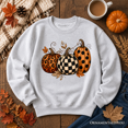 thumbnail image 1 of Leopard Checkered Pumpkin Sweatshirt, Autumn Fall Sweater, 1 of 9