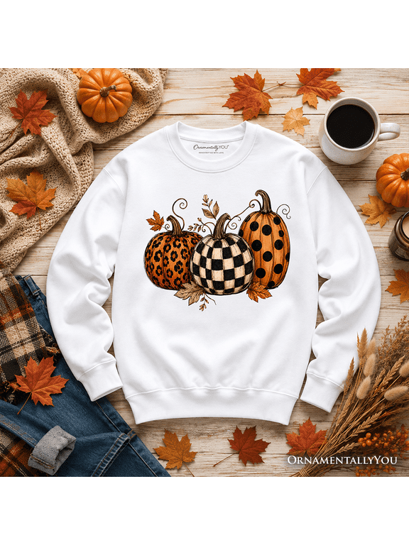 Leopard Checkered Pumpkin Sweatshirt, Autumn Fall Sweater