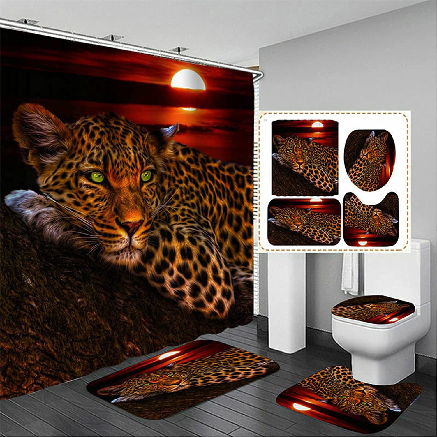 Leopard Cheetah 4pcs Shower Curtain Set - Waterproof African Bathroom Decor Accessories Easy ...