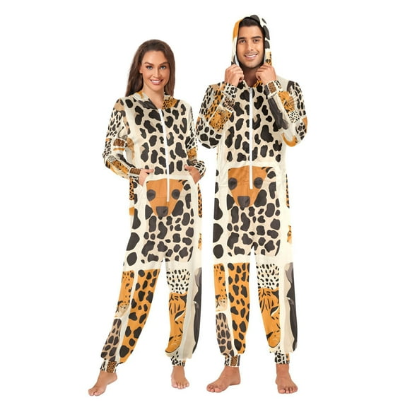 Leopard Cheetah Adult Onesie Pajamas Slim Fit Christmas One Piece Suit Pjs for Women and Men Hooded Zipper