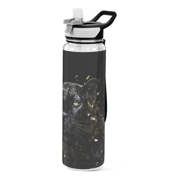 Leopard Cheetah Black Sports Water Bottle Portable Travel Mug 32oz BPA Free Leak Proof Straw Transparent Tritan for Gym Yoga Cycling Camping