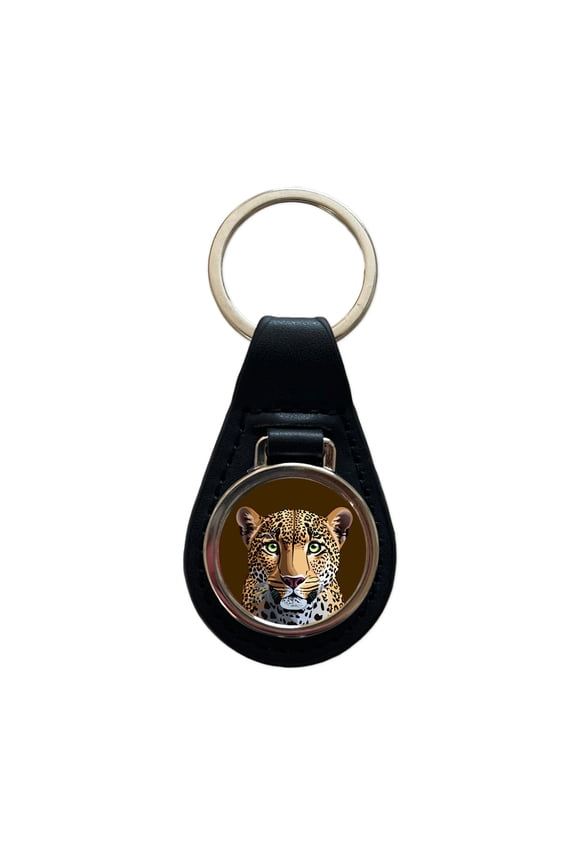 Leopard Cheetah Face Big Cat Metal Black Leather Keychain