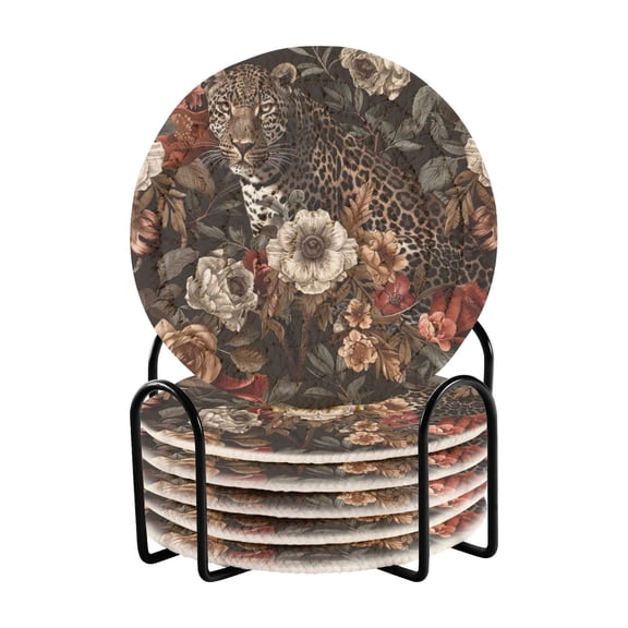 Leopard Cheetah Flowers 6 Pcs Drink Coasters with Holder Absorbent Coasters Woven Coasters for Drinks Table Desk Protection Home Decor