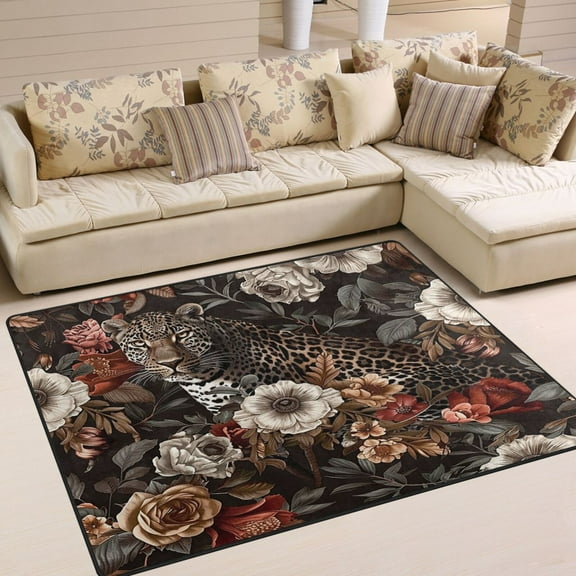 Leopard Cheetah Flowers Area Rug Washable 80 x 58 Floor Carpet Mat Non Slip for Bedroom Living Room Home Decor