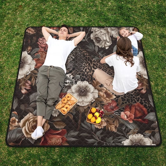 Leopard Cheetah Flowers Beach Blanket Outdoor Picnic Blanket 78"x 78" Waterproof Foldable for Beach Camping Travel Hiking Grass Lawn Park
