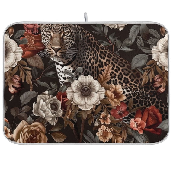 Leopard Cheetah Flowers Dish Drying Mat Dish Drainer Rack Mats Water Absorbent Non-Slip Easy Clean Heat Resistant for Kitchen Counter