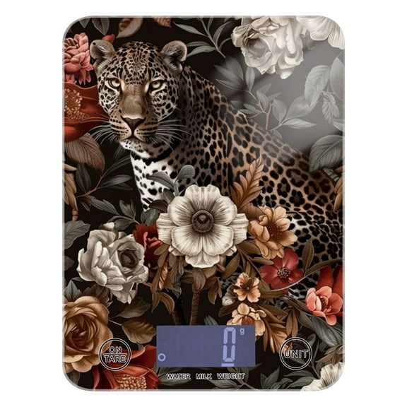 Leopard Cheetah Flowers Food Scale Digital Kitchen Scale Waterproof Tempered Glass Tare Function 11 lb for Baking Cooking Meal Prep