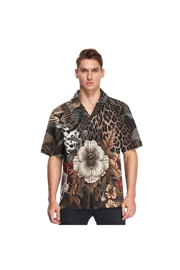 Leopard Cheetah Flowers Men's Hawaiian Wrinkle Free Button Down Short Sleeve Shirt Casual Shirts Beach Shirts