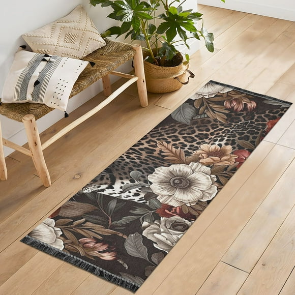 Leopard Cheetah Flowers Runner Rug Machine Washable Area Rugs Carpet Non Slip Entryway Mat for Bedroom Entryway Front Door