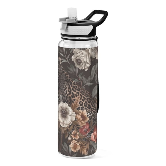 Leopard Cheetah Flowers Sports Water Bottle Portable Travel Mug 32oz BPA Free Leak Proof Straw Transparent Tritan for Gym Yoga Cycling Camping